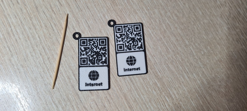 Real 3D Printed Micro 25mm QR Code Keychains with Toothpick Scale Reference