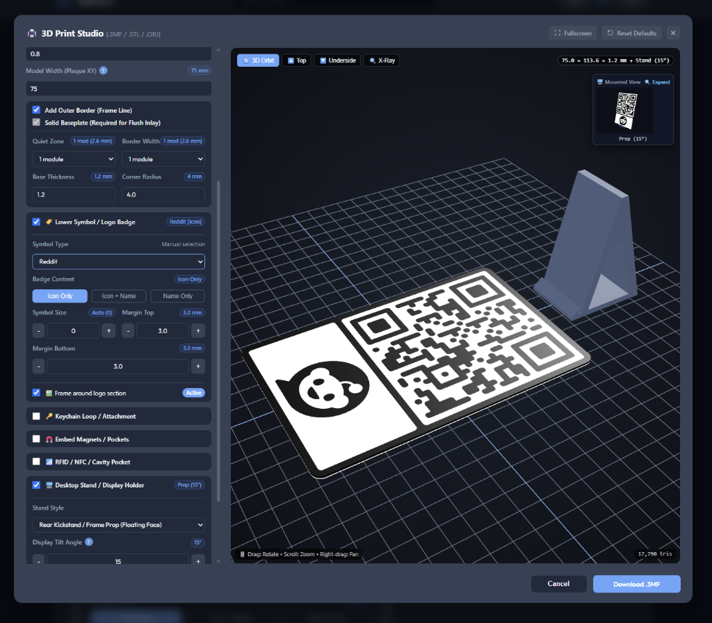 s0lve.it In-Browser 3D Print Studio Viewport with Multi-Material QR Code and Stand Preview